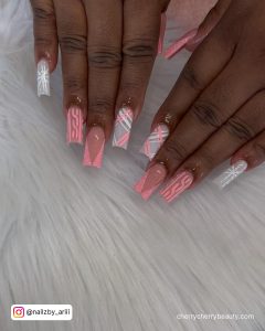 Pink Acrylic Christmas Nails With Lines