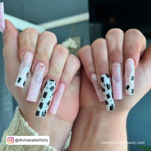 Pink And Black Cow Print Nails In Square Long Shape