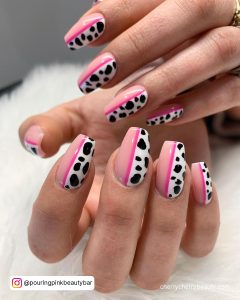 Pink And Black Cow Print Nails With Tapered Shape