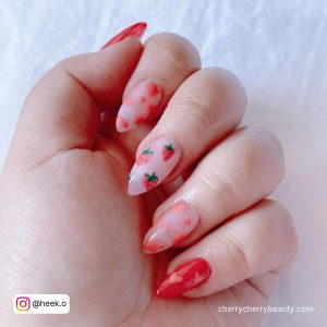 Pink And Cow Print Nails In Stiletto Shape With Strawberries