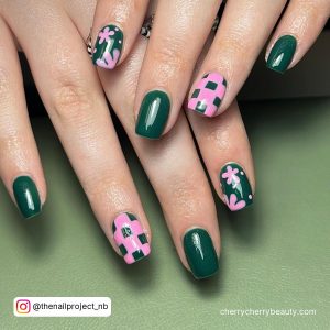 Pink And Dark Green Nails