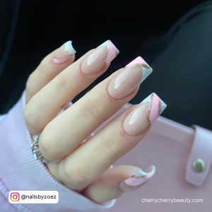 Pink And Gold Acrylic Nails With White Tips