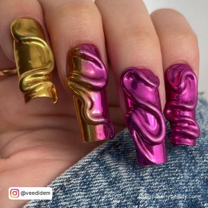 Pink And Gold Chrome Nails With Design