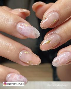Pink And Gold Marble Nails In Almond Shape