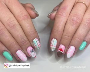 Pink And Green Christmas Nails In Almond Shape