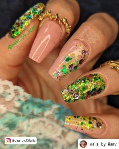 Pink And Green Glitter Nails