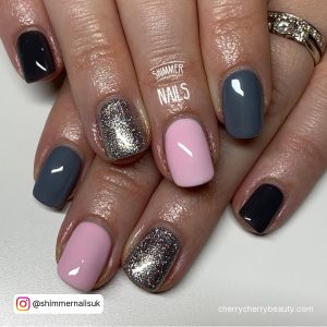 Pink And Grey Nails With Glitter
