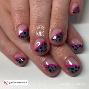Pink And Grey Short Nails With Dots