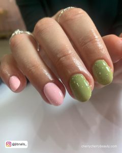 Pink And Olive Green Nails