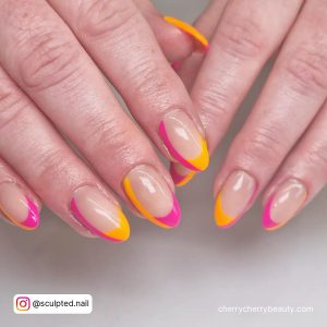 Pink And Orange French Nails In Almond Shape