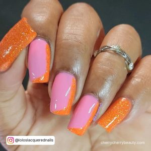 Pink And Orange Glitter Nails In Square Shape