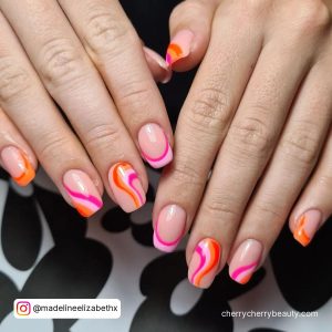 Pink And Orange Marble Nails In Square Shape