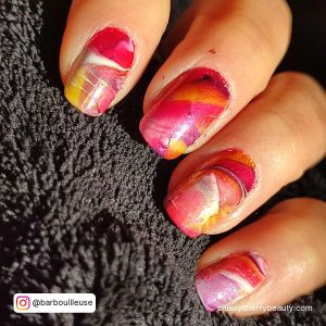 Pink And Orange Marble Nails With Shimmer