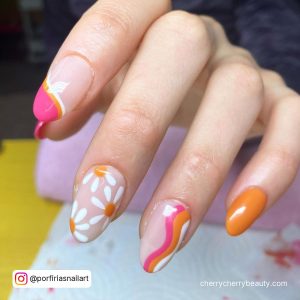 Pink And Orange Nail Ideas With Flowers And Swirls