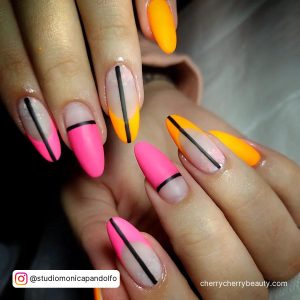 Pink And Orange Nails With Black Line Design