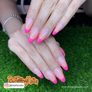 Pink And Orange Neon Nails In French Tip Design