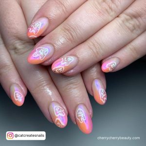 Pink And Orange Ombre Nails In Almond Shape