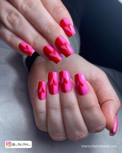 Pink And Red Heart Nails