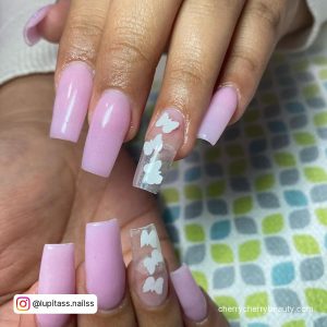 Pink And White Acrylic Nails With Butterflies