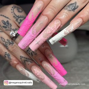 Pink And White Christmas Nail Designs In Coffin Shape