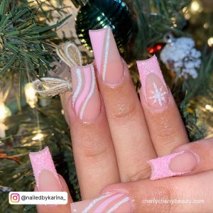 Pink And White Christmas Nails With Swirls