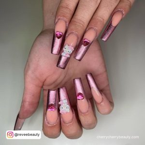 Pink And White Chrome Nails With Hello Kitty