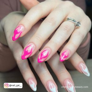Pink And White Heart Nails In Almond Shape