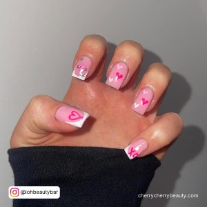Pink And White Heart Nails In Coffin Shape