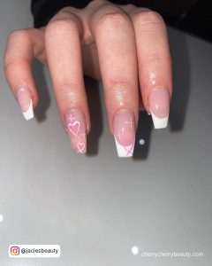 Pink And White Heart Nails In French Tip Design