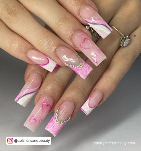 Pink And White Marble Nails With Diamonds