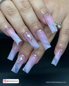 Pink And White Ombre Nails With Marble And Rhinestones