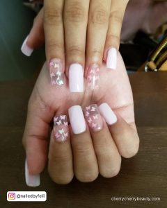 Pink And White Square Acrylic Nails With Butterflies