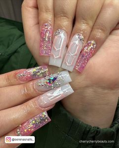 Pink Birthday Acrylic Nails With Glitter And Rhinestones