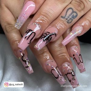Pink Birthday Nail Ideas With Glitter And Black Design