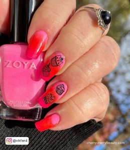 Pink Birthday Nail Ideas With Red Tips And Cupcakes
