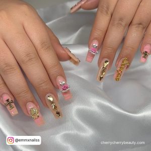 Pink Birthday Nails With Golden Rhinestones