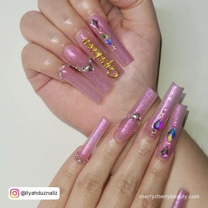 Pink Birthday Nails With Rhinestones