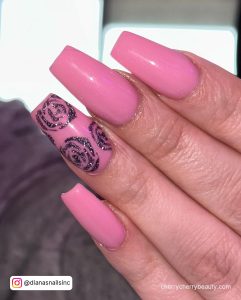 Pink Christmas Acrylic Nails With Flowery Design