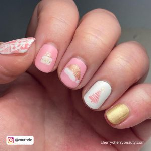 Pink Christmas Nails Designs With A Different Design On Each Finger