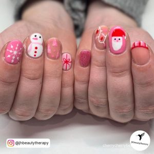 Pink Christmas Nails Short With Snowman And Santa