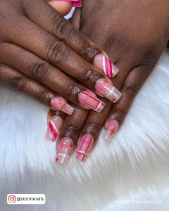 Pink Christmas Nails With Lines In White