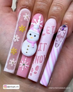 Pink Christmas Nails With Snowman