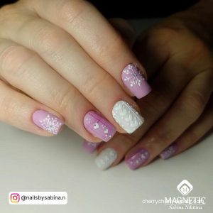 Pink Christmas Short Nails With Cute Hearts And Snowflakes