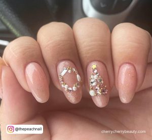 Pink Christmas Tree Nails With Embellishments