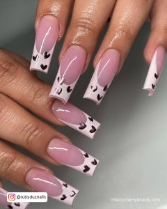 Pink Chrome Nail Powder With White Tips And Black Hearts