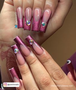 Pink Chrome Nails With Diamonds On Coffin Shape
