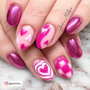 Pink Chrome Nails With Hearts
