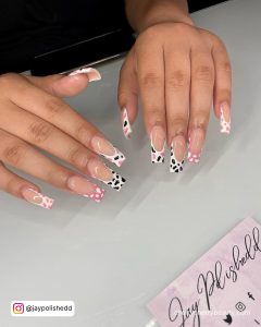 Pink Cow Nails In French Tip Design
