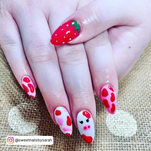 Pink Cow Print Nail Designs In Almond Shape