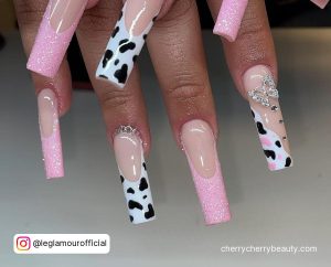 Pink Cow Print Nail Designs With Butterflies